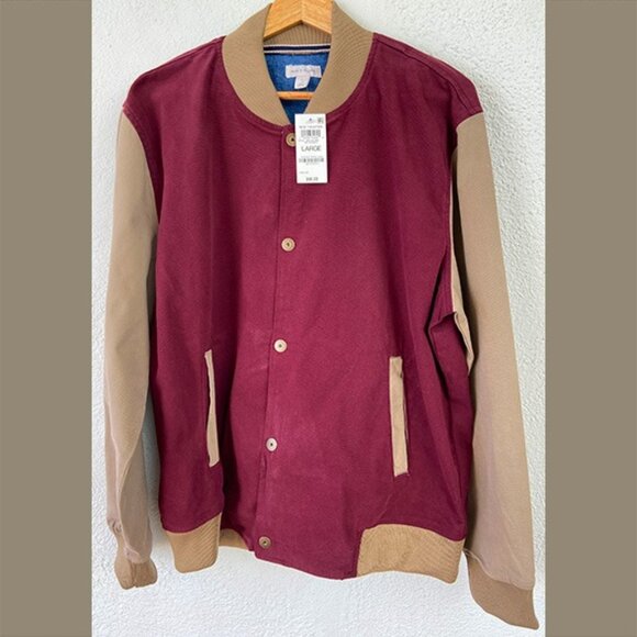 NWT, Men's Dark Scarlet and Tan Colorblocked Bomber Jacket - Picture 1 of 3
